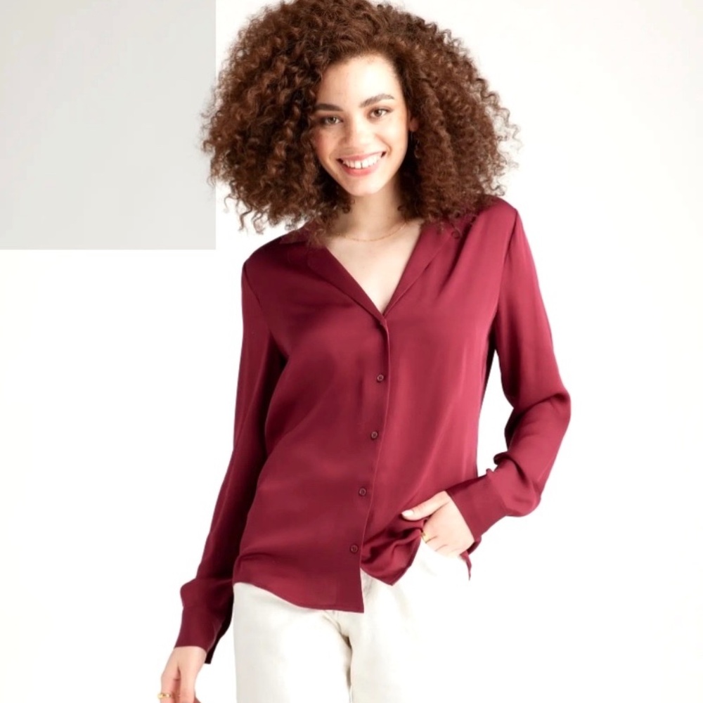 QUINCE WASHABLE STRETCH SILK BLOUSE, Burgundy, Size L - NWOT